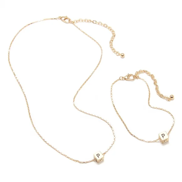 Gold Monogram "P" Cube Pendant Necklace Chain Set Bracelet Boxed Square Initial - Picture 2 of 2